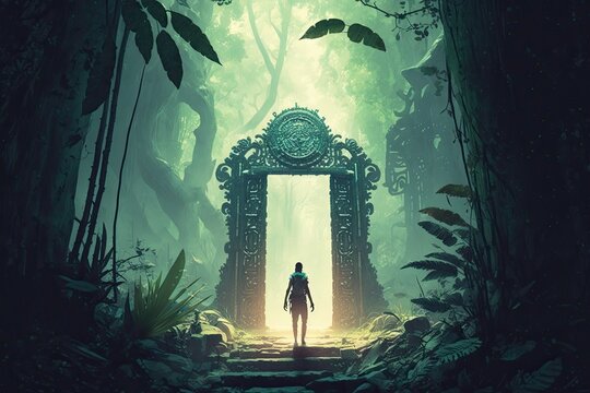 Generative AI illustration of Mayan gate in the forest. An adventurer in a green tropical rainforest discovering a secret passage. Explorer walking through a secret gate