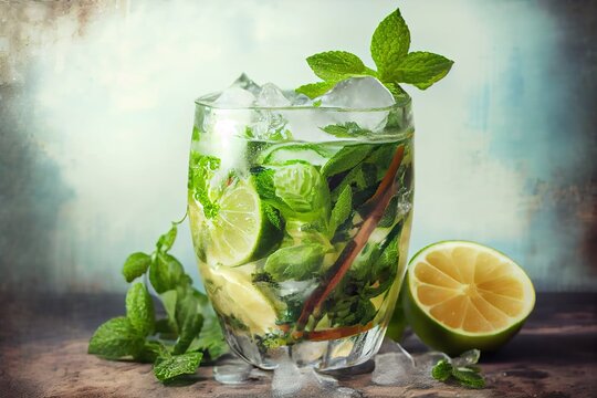 Generative AI illustration of mojito cocktail with ice and mint, perfect for summer