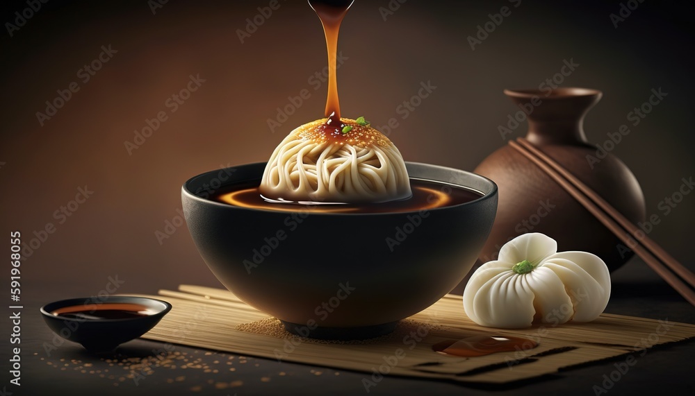 Aufkleber putting noodle and soy sauce into a baozi generative ai