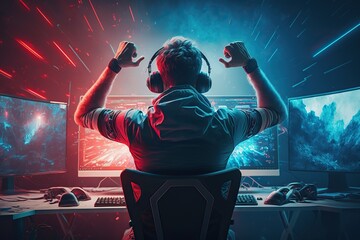 Generative AI illustration of professional eSports gamer rejoices in the victory in cyber game room. Gamer celebrating victory. Winning a game. Electronic sports player rejoices victory
