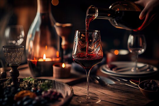 Generative AI illustration of red wine is being poured from bottle into simple wine glass, on a table with incredible food