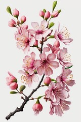 Naklejka premium Generative AI illustration of realistic sakura or cherry blossom, japanese spring flower sakura, pink cherry flower on white background
