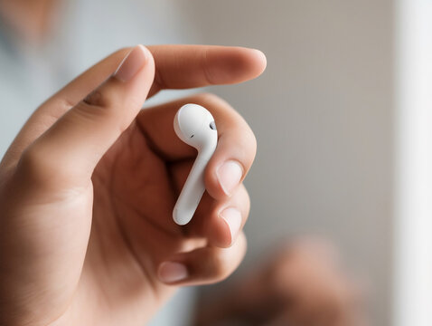 Persons Hand holding wireless earbud