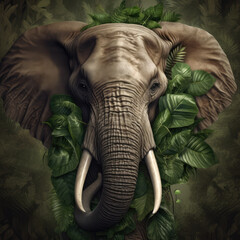 A African Forest Elephant Head Wrapped In Green Leaves On A Background Of Leaves. Generative AI