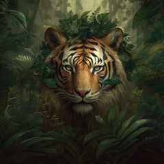 A Golden Tabby Tiger Head Wrapped In Green Leaves On A Background Of Leaves. Generative AI