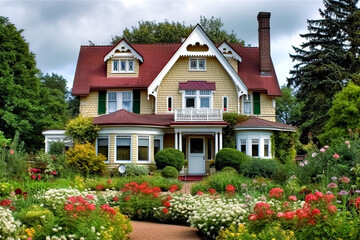 Fototapeta na wymiar a home with a front porch and steps down to a grassy yard, nostalgic hemes, serene. Generative AI.