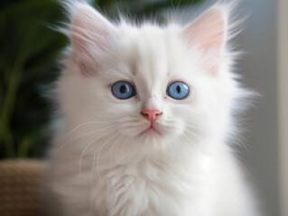 Fototapeta premium White Fluffy Cat with bright blue eyes