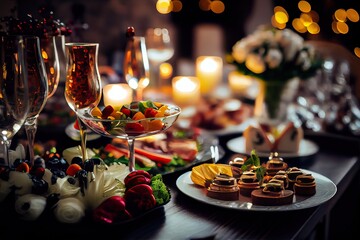 Generative AI illustration of serving table of a variety of delicious festive food and wine prepared for event party or wedding. Selective focus