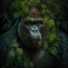 Fototapeta na wymiar Portrait Of A Lowland Gorilla With Leaves Fused With The Green Leaves And Roots Of A Tree In The Jungle. Generative AI