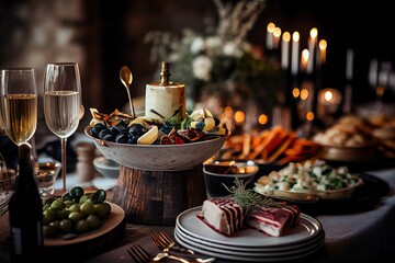 Fototapeta premium Generative AI illustration of serving table of a variety of delicious festive food and wine prepared for event party or wedding. Selective focus