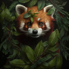 Portrait Of A Red Panda With Leaves Fused With The Green Leaves And Roots Of A Tree In The Jungle. Generative AI