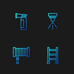 Set line Fire escape, hose reel, extinguisher and sprinkler system. Gradient color icons. Vector