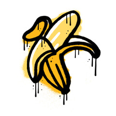 Banana urban graffiti spray element. Black brush paint ink drip texture with yellow color. Design vector illustration for decoration, card, sticker. banner, street art. © LanaSham