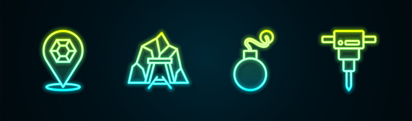 Set line Gem stone, Mine entrance, Bomb and Construction jackhammer. Glowing neon icon. Vector