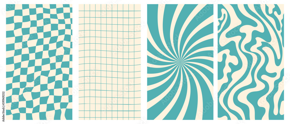 Sticker groovy hippie 70s vector backgrounds set. chessboard and twisted patterns. backgrounds in trendy ret