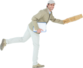 Happy delivery man running while holding parcel