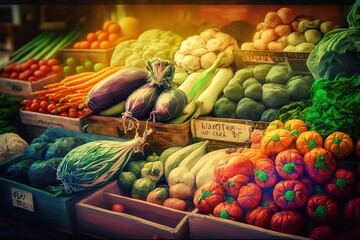 Generative AI illustration of vegetable farmer market counter: colorful various fresh organic healthy vegetables at grocery store. Healthy natural food concept