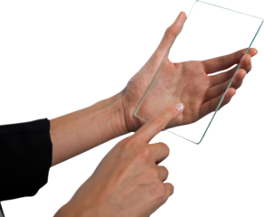 Cropped hands of businesswoman using glass interface