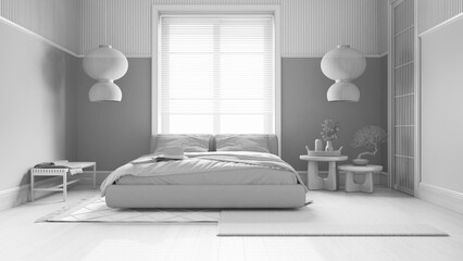 Total white project draft, japandi bedroom with wallpaper and wooden walls. Parquet floor, double bed, carpets and decors. Japanese interior design
