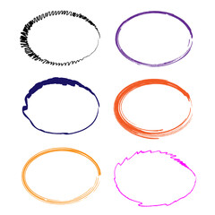 Grunge vector set hand drawn oval frame. Stroke border felt-tip pen objects.