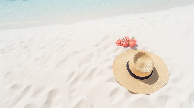 Travel and sand beach flat lay with sun hat, shells, sunglasses, near sea, space for copy