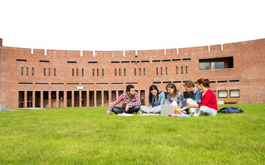 Students using laptop in lawn against college building © vectorfusionart