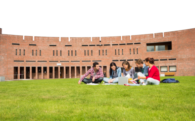 Students using laptop in lawn against college building