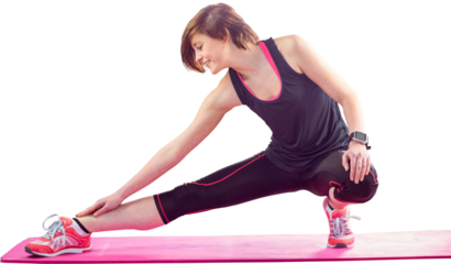 Happy woman doing stretching exercise on mat over white background