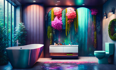 A vibrant tropical bathroom, with colorful plants and unconventional design. Generative AI.