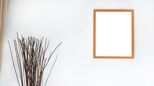 Frame mockup, wooden frame set of transparent canvas templates hanging on white wall, with partial of curtain and Decorative Natural brown Birch Branches, copy space, wallpaper, background