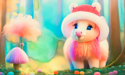 Naklejka premium A whimsical scene of colorful ponies with funny outfits. Fairytale atmosphere. Generative AI.