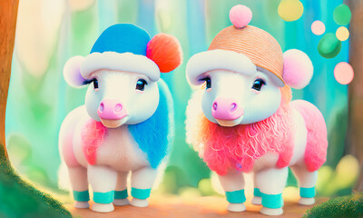 A whimsical scene of colorful ponies with funny outfits. Fairytale atmosphere. Generative AI.