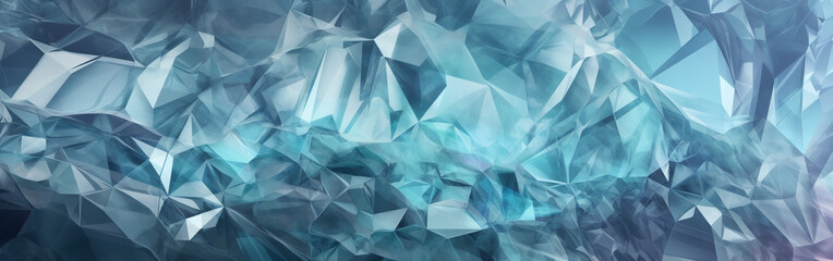 3d render, abstract blue crystal background, faceted gem, wide panoramic polygonal wallpaper, macro panorama, iridescent texture, Generative AI. - obrazy, fototapety, plakaty