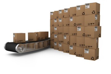 Stack of brown cardboard boxes by conveyor belt