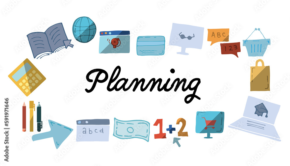 Poster planning text surrounded by various colorful vector icons