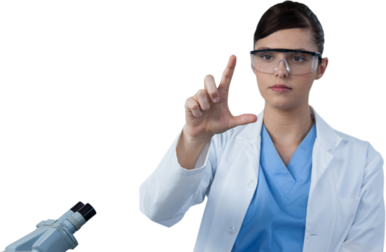 Female scientist pointing while conducting experiment