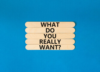 What do you really want symbol. Concept words What do you really want on wooden stick. Beautiful blue table blue background. Business and what do you really want concept. Copy space.