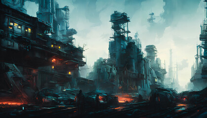 Fototapeta premium A dystopian environment with a glimpse of a ruined city. Surrealism. Generative AI