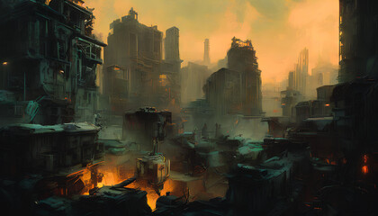 Obraz premium A dystopian environment with a glimpse of a ruined city. Surrealism. Generative AI