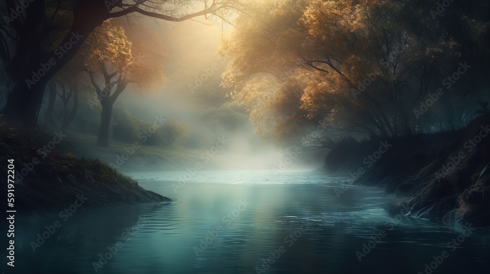 Poster a painting of a river in a forest with fog and sun coming through the trees and fog rising from the 