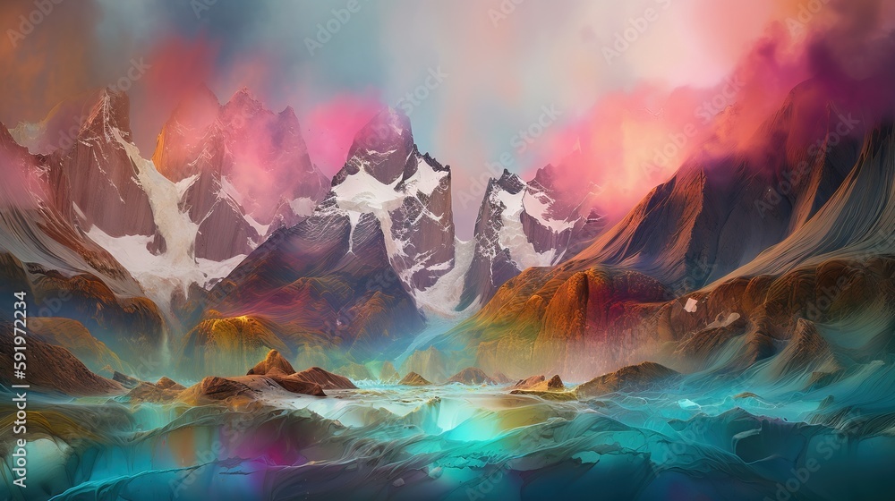 Poster a digital painting of a mountain range with a river running through it and a rainbow colored sky in 