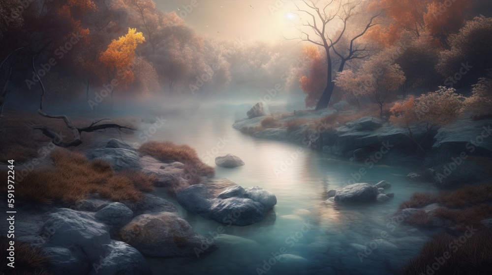 Poster a painting of a river surrounded by rocks and trees with a full moon in the sky above it and a few b