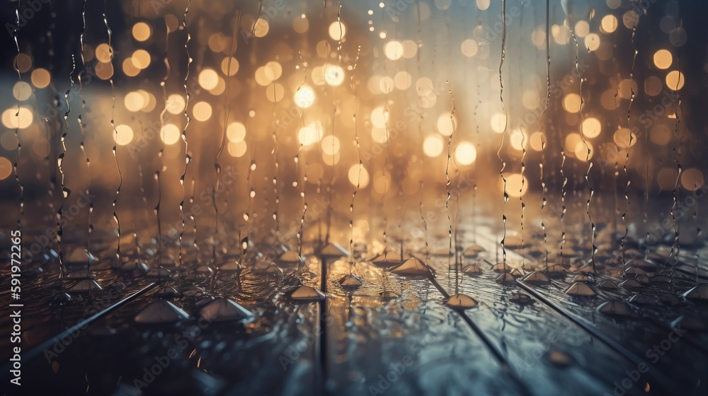 Aufkleber rain drops falling on a wooden floor with a blurry image of a building in the background and a blurr