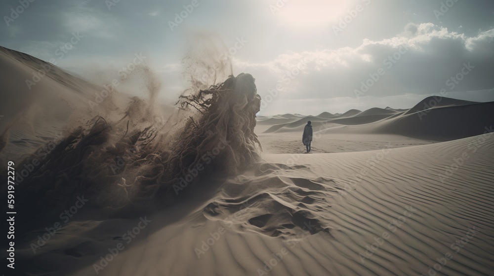 Poster a person standing in the middle of a desert with sand blowing in the wind and a large rock sticking 