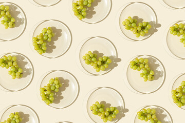 Food pattern from bunch white grapes on glass plate with shadows at sunlight, minimal style summer...