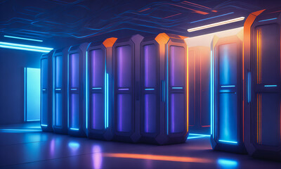 A modern server room with glowing computers. LED strips. Technological curiosity. Generative AI