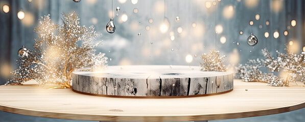 An empty wooden table in the background with Christmas lights. Perfect for product mockups. Generative Ai.
