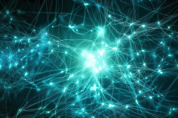 Naklejka na ściany i meble Neural network concept, glowing neurons on black abstract background. Generative AI illustration