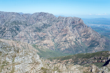 Fototapeta na wymiar Jan du Toit's peak overhanging cliffs aerial, South Africa