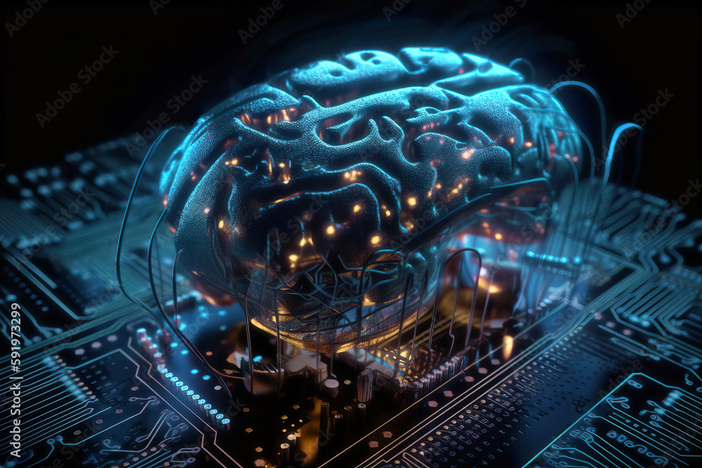 Poster human brain merged with electronic circuits, human-machine interfaces metaphor. generative ai illust